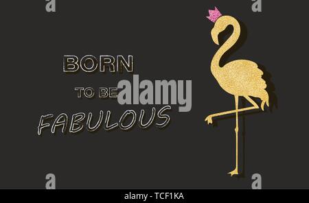 Golden glitter flamingo shining banner Vector. Night club poster label. Bright sparkling signboard Stock Vector