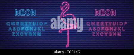 Neon flamingos banner with neon alphabet Vector. Label text signs poster Stock Vector