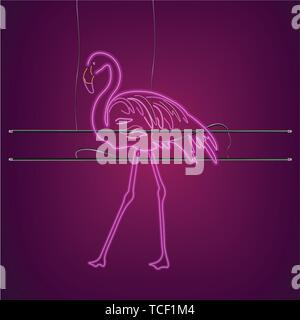 Neon flamingo sign with supports Vector. Night club poster label. Bright glowing signboards with light Stock Vector