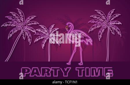 Flamingo and palm trees neon tropic banner Vector. Summer Night club poster label. Bright glowing signboard Stock Vector