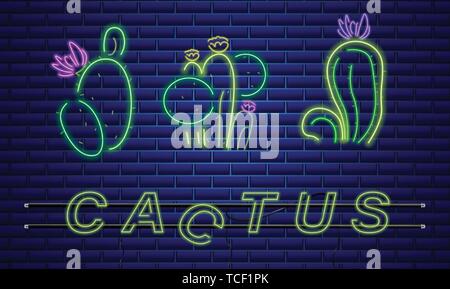 Cactus neon sign Vector. Exotic summer decoration design poster Stock Vector