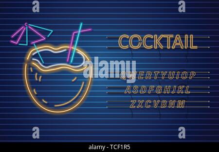 Coconut cocktail neon Vector. Summer tropic drink banner poster Stock Vector