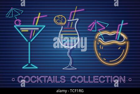 Cocktails set neon Vector. Summer tropic drink banner poster Stock Vector