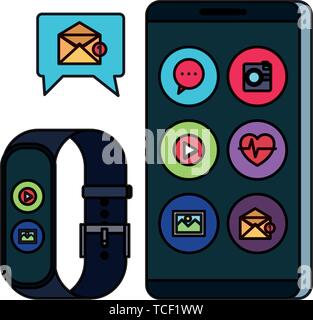 smartwatch and smartphone with play button and picture Stock Vector