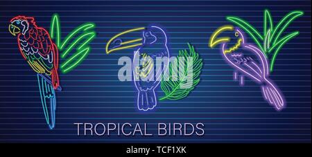 Tropic parrot set neon Vector. Glowing shiny birds decor template Stock Vector