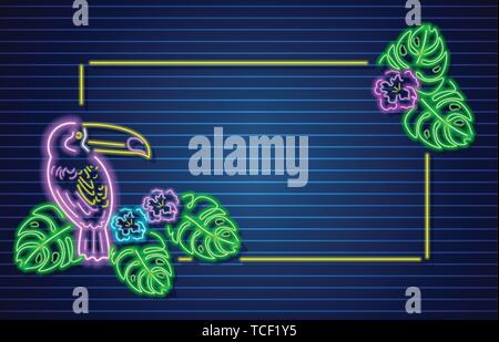 Tropic parrot neon banner Vector. Glowing frame decor template Stock Vector