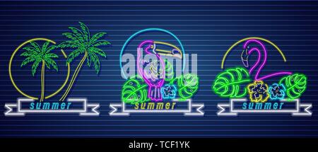 Tropic neon icons Vector set. Palm trees, parrot and flamingo detailed template Stock Vector