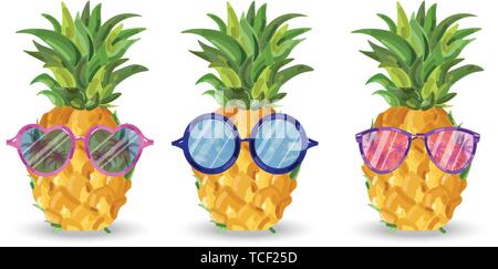Pineapple pattern Vector. Cartoon style. Funny fruits with glasses tropic poster Stock Vector
