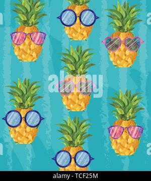 Summer cute pineapple pattern Vector. Cartoon style. Funny fruits with glasses tropic poster Stock Vector
