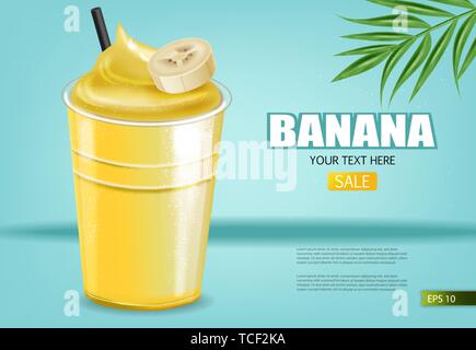 Plastic cup yellow smoothie mockup realistic Vector Image