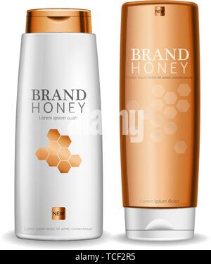 Honey infused cream Vector realistic mock up. White bottles cosmetics. Product placement label design. Detailed 3d illustration Stock Vector
