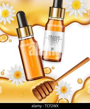 Honey infused serum Vector realistic. Product placement mock up. Detailed bottles with honey splash. 3d illustration Stock Vector