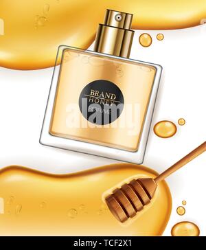 Honey infused perfume Vector realistic. Product placement mock up. Detailed bottle with honey dip. 3d illustration Stock Vector