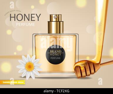 Honey infused perfume Vector realistic. Product placement mock up. Detailed bottle with honey dip. 3d illustration Stock Vector