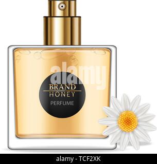 Honey infused perfume Vector realistic. Product placement mock up. Bottle perfume isolated on white. 3d illustration Stock Vector