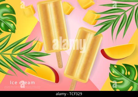 Mango ice cream Vector realistic. Fresh delicious iace cream dessert on a stick. Abstract background. Detailed elements. 3d illustration Stock Vector