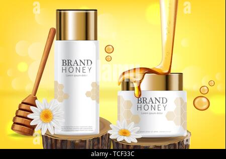 Honey infused cream Vector realistic mock up. White bottles cosmetics. Product placement label design. Detailed 3d illustration Stock Vector