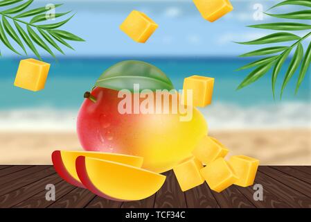 Mango fruit sliced on tropic background Vector realistic. Seaside view. Detailed elements design. 3d illustration Stock Vector