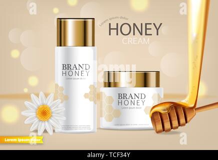 Honey infused cream Vector realistic mock up. White bottles cosmetics. Product placement label design. Detailed 3d illustration Stock Vector