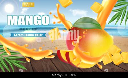 Mango fruit sliced on tropic background Vector realistic. Seaside view. Detailed elements design. 3d illustration Stock Vector