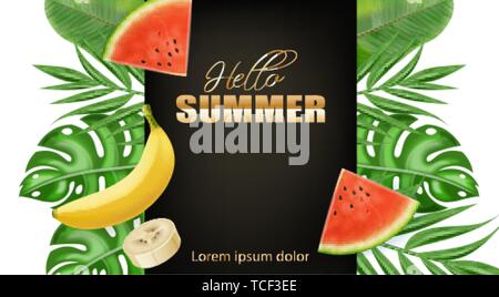 Summer tropic palm leaves banner Vector realistic. Banana and watermelon juicy fruits. Golden text summer poster Stock Vector