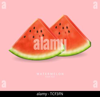 Watermelon slices Vector realistic. Summer tropic refreshing banner. 3d detailed juicy fruits slice Stock Vector