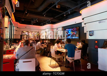 Inside the Gundam Cafe, a restaurant dedicated to the famous anime series. In Tokyo, Japan. Stock Photo