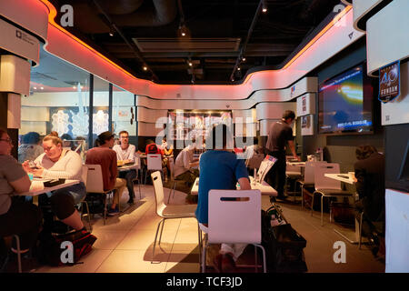 Inside the Gundam Cafe, a restaurant dedicated to the famous anime series. In Tokyo, Japan. Stock Photo