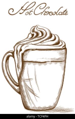 Hot chocolate Vector line art style. Delicious sweets illustration Stock Vector