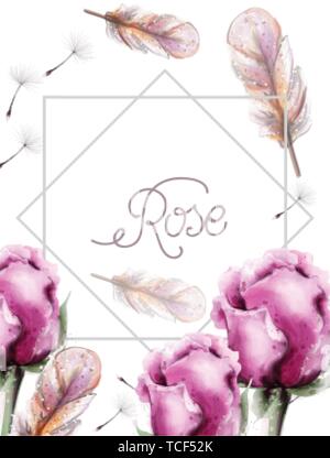 Roses flowers bouquet and feathers. Wedding card with colorful flowers Vector watercolor. Vintage delicate light floral decor Stock Vector