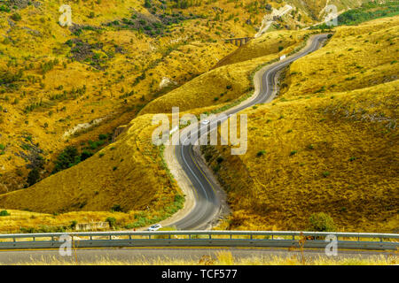Landscape of the Golan Heights, winding road 98, and the Yarmouk River valley, near the border between Israel and Jordan Stock Photo