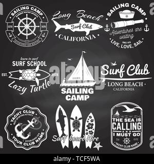 Set of sailing camp, yacht club and surf club badges. Vector on the chalkboard. Concept for shirt, print, stamp or tee. Vintage typography design with surfboard and sailing boat silhouette. Stock Vector