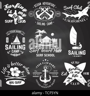 Set of sailing camp, yacht club and surf club badges. Vector on the chalkboard. Concept for shirt, print, stamp or tee. Vintage typography design with surfboard and sailing boat silhouette Stock Vector