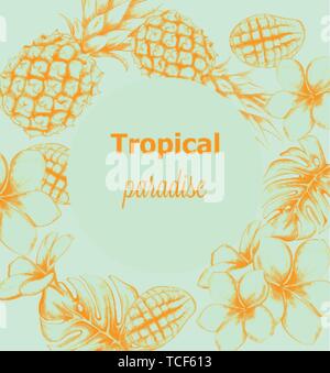 Pineapple and tropic flowers summer poster Vector line arts. Exotic banner card template. Vintage style blue color Stock Vector
