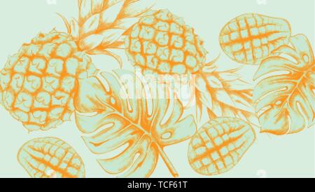 Pineapple tropic summer pattern Vector line arts. Exotic banner card template. Vintage style blue color Stock Vector