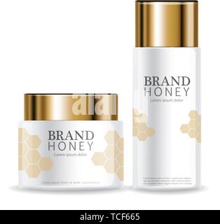 Honey infused cream Vector realistic mock up. White bottles cosmetics. Product placement label design. Detailed 3d illustration Stock Vector