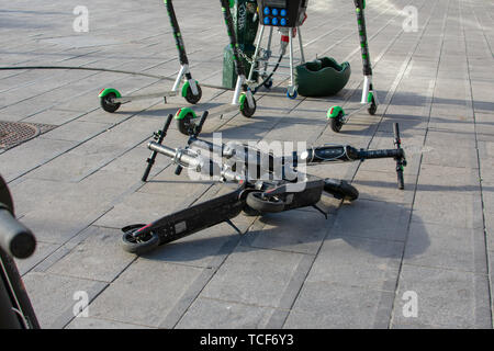 Brussels, Belgium - June 1 2019 : Kicked over Electric scooters at Place Flagey.