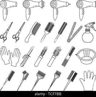 23 line art black and white hairdresser tools Stock Vector