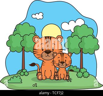cute tiger family in the landscape Stock Vector