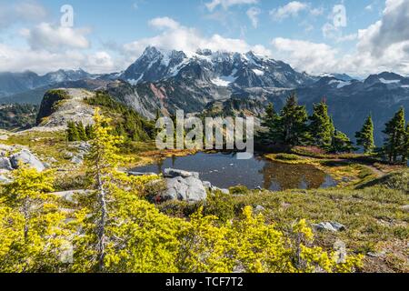 Small mountain lake at Tabletop Mountain, view of Mt. Shuksan with snow and glacier, Mt. Baker-Snoqualmie National Forest, Washington, USA, North Amer Stock Photo