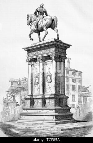 Statue of Bartolomeo Colleoni, Campo Santi Giovanni e Paolo a Venezia, 1860, historical woodcut, Italy, Europe Stock Photo