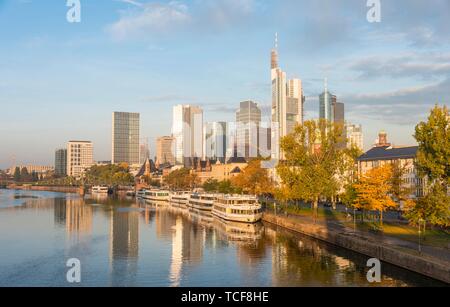 Main, skyline, skyscrapers in the banking district in the morning light, Frankfurt am Main, Hesse, Germany, Europe Stock Photo