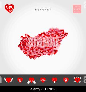 I Love Hungary. Red and Pink Hearts Pattern Vector Map of Hungary Isolated on Grey Background. Love Icon Set. Stock Vector