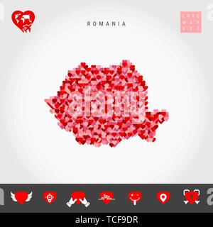I Love Romania. Red and Pink Hearts Pattern Vector Map of Romania Isolated on Grey Background. Love Icon Set. Stock Vector