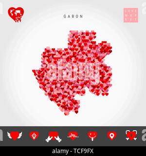 I Love Gabon. Red and Pink Hearts Pattern Vector Map of Gabon Isolated on Grey Background. Love Icon Set. Stock Vector