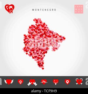 I Love Montenegro. Red and Pink Hearts Pattern Vector Map of Montenegro Isolated on Grey Background. Love Icon Set. Stock Vector