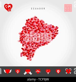 I Love Ecuador. Red and Pink Hearts Pattern Vector Map of Ecuador Isolated on Grey Background. Love Icon Set. Stock Vector