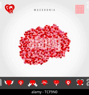 I Love Macedonia. Red and Pink Hearts Pattern Vector Map of Macedonia Isolated on Grey Background. Love Icon Set. Stock Vector