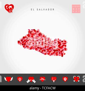 I Love El Salvador. Red and Pink Hearts Pattern Vector Map of El Salvador Isolated on Grey Background. Love Icon Set. Stock Vector