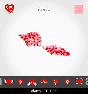 I Love Samoa. Red and Pink Hearts Pattern Vector Map of Samoa Isolated on Grey Background. Love Icon Set. Stock Vector